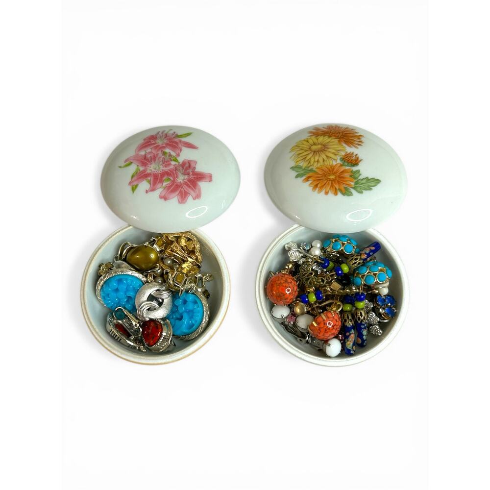 Vintage Earrings Lot with Two Ceramic Floral Round White Trinket Dishes